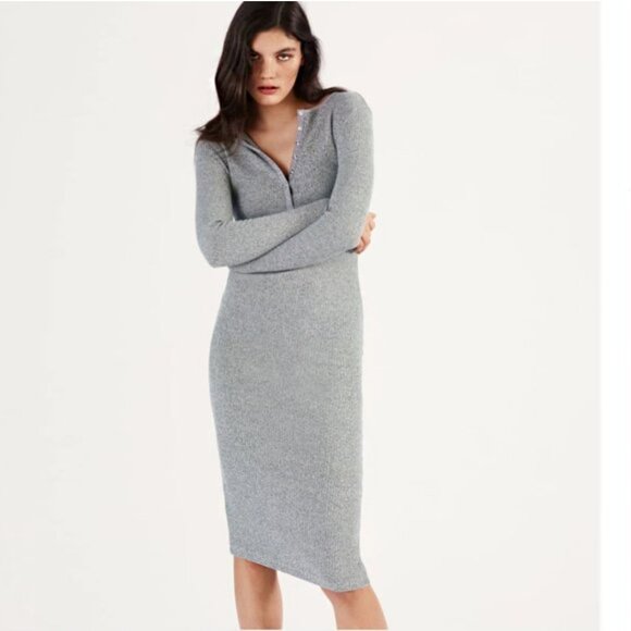 ZARA Henley Heather Gray Ribbed Polo Neck Soft Midi Dress Scandi Girl Size M - Picture 1 of 16
